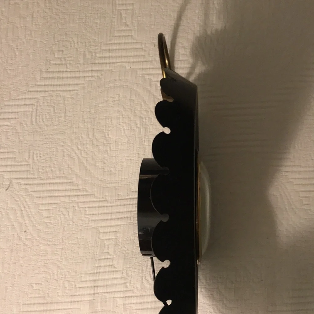 Vintage Mid Century Kitchen Clock Black & Gold Metal Tole Wear Tolewear Plug In
